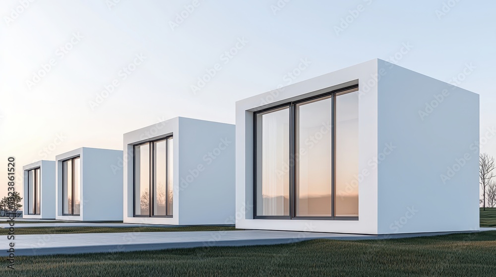 Modern cube houses with large windows on a green lawn. Minimalist architecture, modern design, and real estate concept. Modern cube houses with large windows on a green lawn. Minimalist architecture, modern design, and real estate concept.