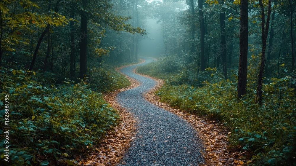 Obraz premium Winding path through misty forest.