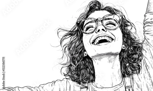 Happy woman wearing glasses, smiling emotively - linear icons set vector.