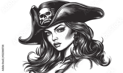 Female pirate with skull hat, black and white stylized portrait, vector, linear icons set.