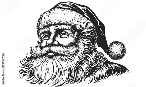 Santa claus head with hat and beard in black and white, vector, flat icons set.