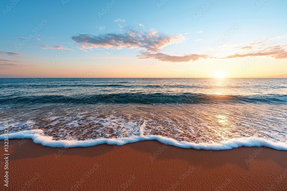 Serene beach scene at sunset with gentle waves lapping the shore. Serene beach scene at sunset with gentle waves lapping the shore.
