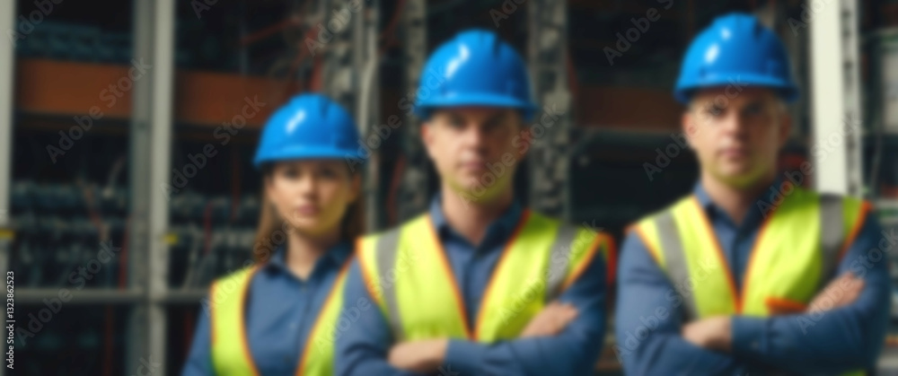 Blurred background showcasing dedicated electricians, each in blue safety gear, standing in formation with arms folded to convey unity and skill Blurred background showcasing dedicated electricians, each in blue safety gear, standing in formation with arms folded to convey unity and skill