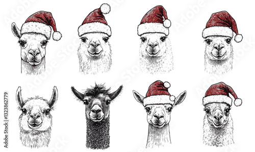 Festive alpacas and llamas in santa hats, flat icons set, vector.