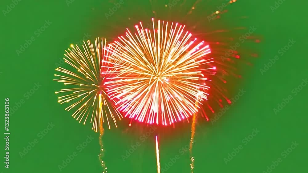 Beautiful colorful fireworks on a green screen