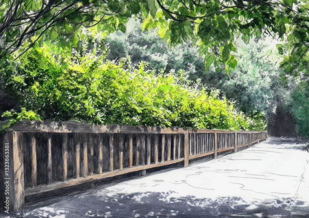 Tree-Lined Pathway with Wooden Fence and Watercolor Shading Tree-Lined Pathway with Wooden Fence and Watercolor Shading