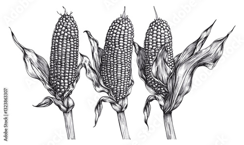 Corn on the cob drawings, black and white, detailed hand-drawn plant vector, linear icons set.