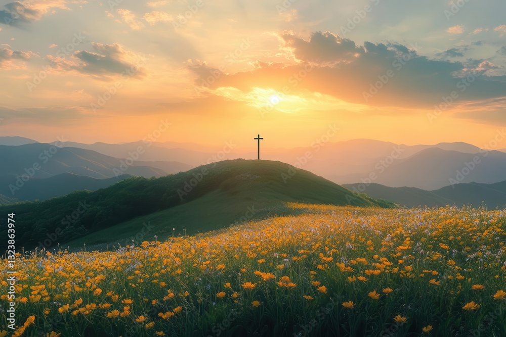 a serene landscape with a christian cross on a flowering hill during a breathtaking sunset offering symbolism of faith and hope