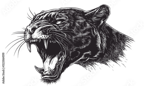 Roaring panther head in black and white, animal art, linear icons set, vector.