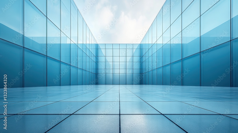 Modern Glass Building Exterior and Interior Space, Blue Glass Facade, Empty Plaza Modern Glass Building Exterior and Interior Space, Blue Glass Facade, Empty Plaza
