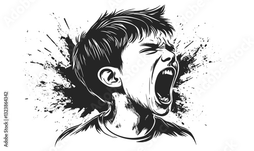 Expressive screaming child head graphic with splatter effect - black and white linear vector.