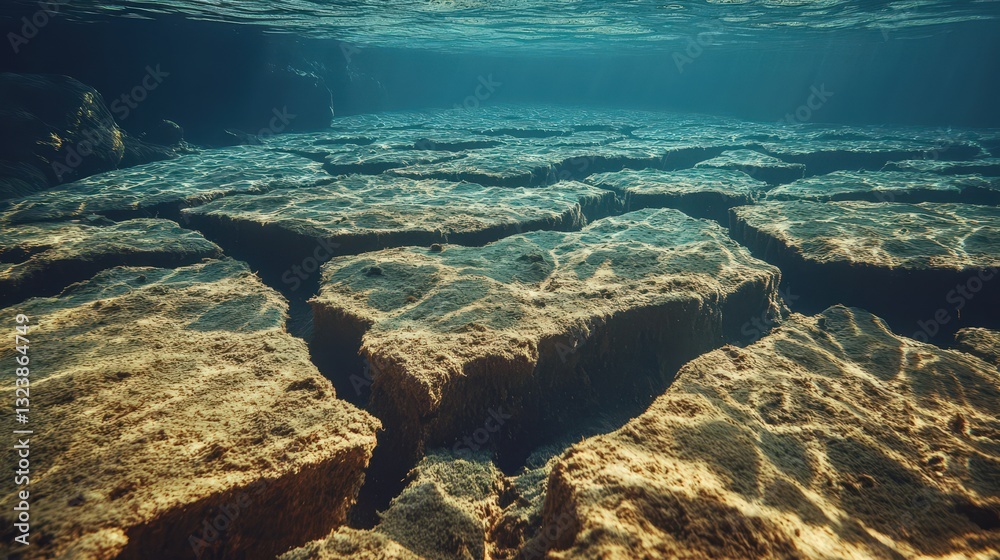 Obraz premium A serene underwater landscape featuring textured formations illuminated by sunlight, creating a captivating pattern on the sandy ocean floor.