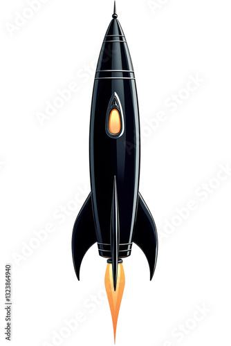 retro-futuristic clipart illustration of a black rocket