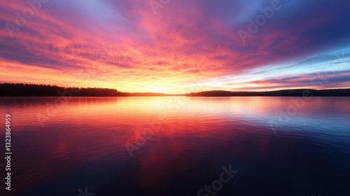 Colorful sunset over a calm lake with reflections. Serene landscape with vibrant sky and water. Concept of nature, tranquility, and scenic beauty.