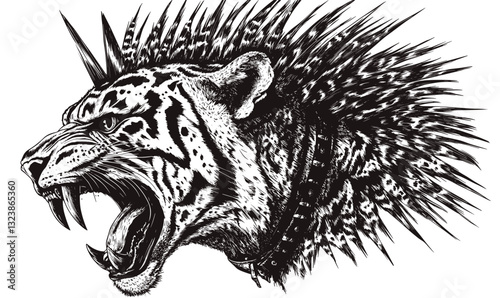 Fierce roaring leopard with spiked mohawk in detailed black and white vector, linear icons set.