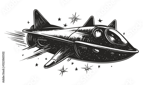 Retro spaceship with stars, galaxies, and rockets in space - linear style icons set.