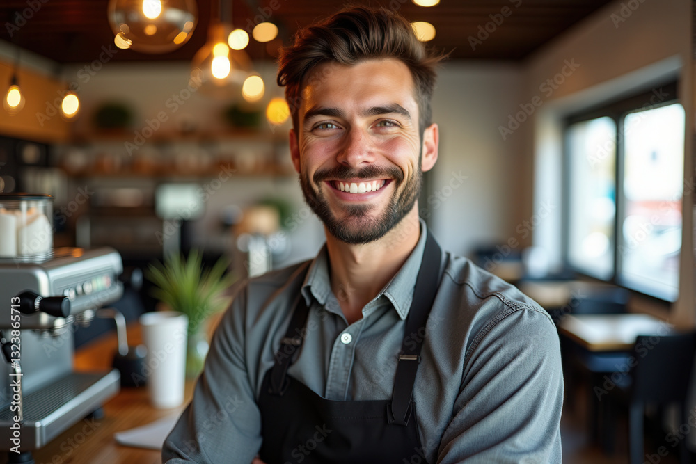 A cheerful young barista standing confidently in a modern cafe. Warm lighting A cheerful young barista standing confidently in a modern cafe. Warm lighting