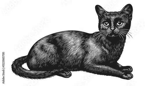 Detailed black cat illustration in linear art – vector icons set.
