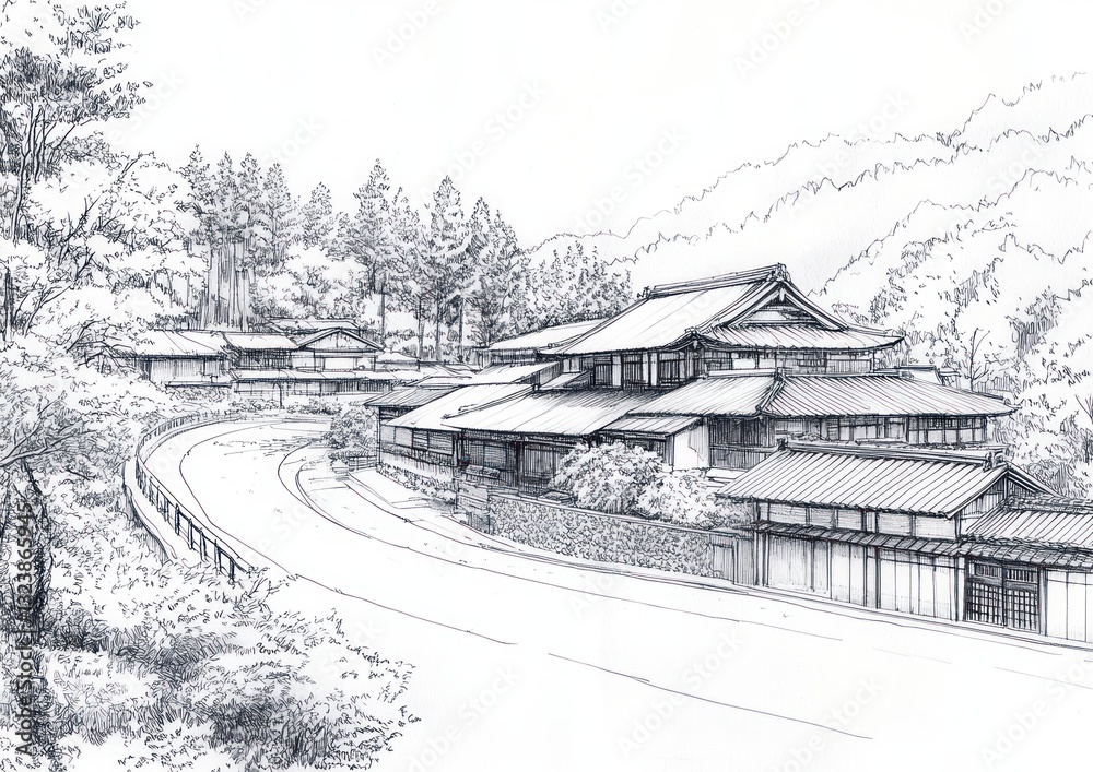 Fototapeta premium Traditional Japanese Countryside Landscape with Ancient Farmhouses