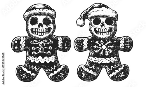 Gingerbread skull characters in festive christmas attire, flat icons set, vector.