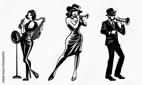 Jazz musicians playing instruments in vintage clothing, vector, flat icons set.