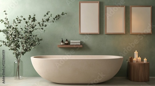 Elegant Bathtub Oasis With Green Wall Art And Candle Arrangement for a Luxurious Bathroom Experience