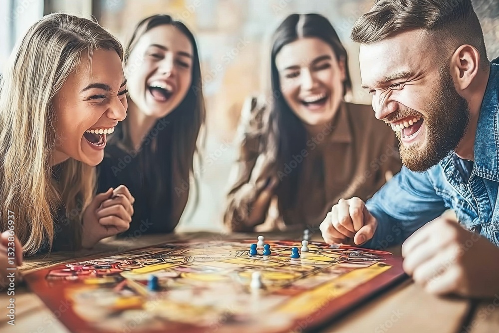 Fototapeta premium A group of friends laughing heartily while playing a board game together in a cozy, well-lit room, enjoying each other's company and having a great time indoor.