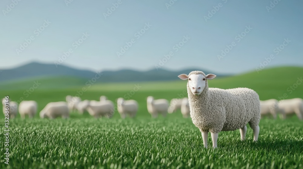 Obraz premium Sheep standing in a green field with other sheep grazing in the background. Concept of agriculture, livestock, and rural landscape.