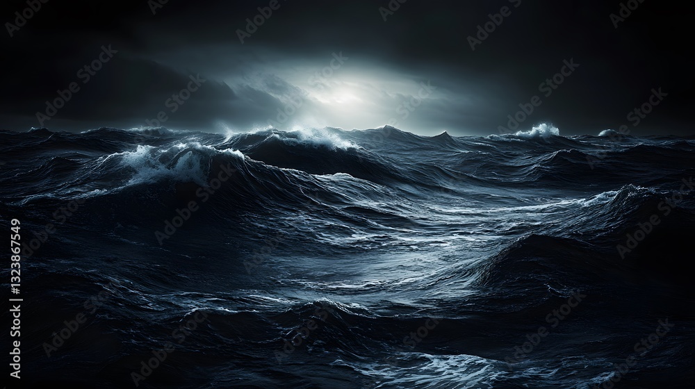 Fototapeta premium Emotional Exhaustion: A Dimly Glowing Sunset Whispers Secrets Above a Dark Ocean, Rich in Emotion