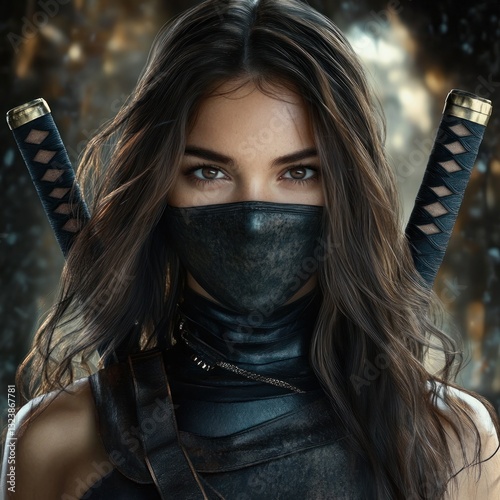 Cinematic Portrait of a Dark Brown Haired Female Warrior Assassin with Katanas in Leather Armor and Mask photo