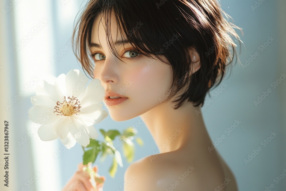 Portrait of a Woman with Short Hair Holding a White Flower in Minimalistic Japanese Art Style Portrait of a Woman with Short Hair Holding a White Flower in Minimalistic Japanese Art Style