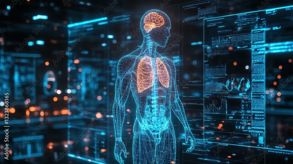 Futuristic visualization of human anatomy digital lab 3d model sci-fi environment side view health concept Futuristic visualization of human anatomy digital lab 3d model sci-fi environment side view health concept