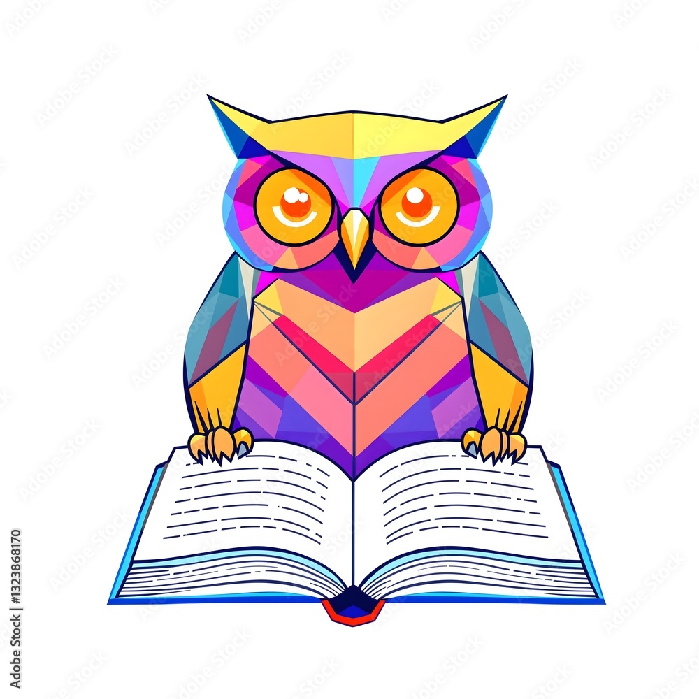 Obraz premium Geometric Owl Reading a Book Vibrant Polygonal Illustration of an Owl with Open Book in Bright Colors on White Background Best for Educational Children's Book Day Materials
