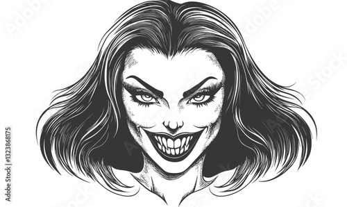 Creepy smiling woman illustration with intense expression - linear icons set vector.