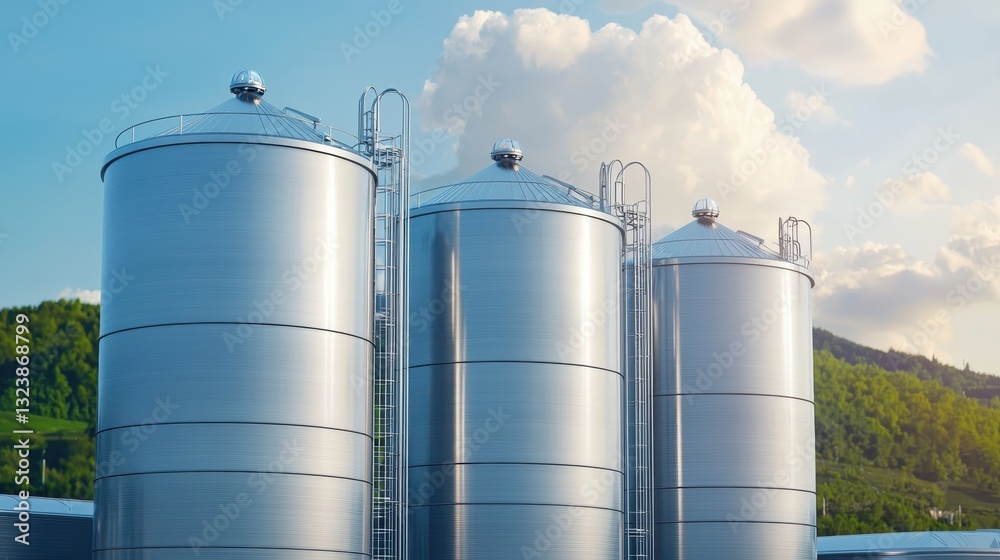 Three large, silver silos stand against a blue sky with clouds and a green hillside. Industrial storage concept. Three large, silver silos stand against a blue sky with clouds and a green hillside. Industrial storage concept.