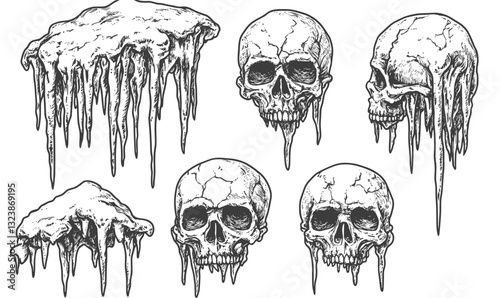 Creepy skull and melting wax icons set in linear style - vector.