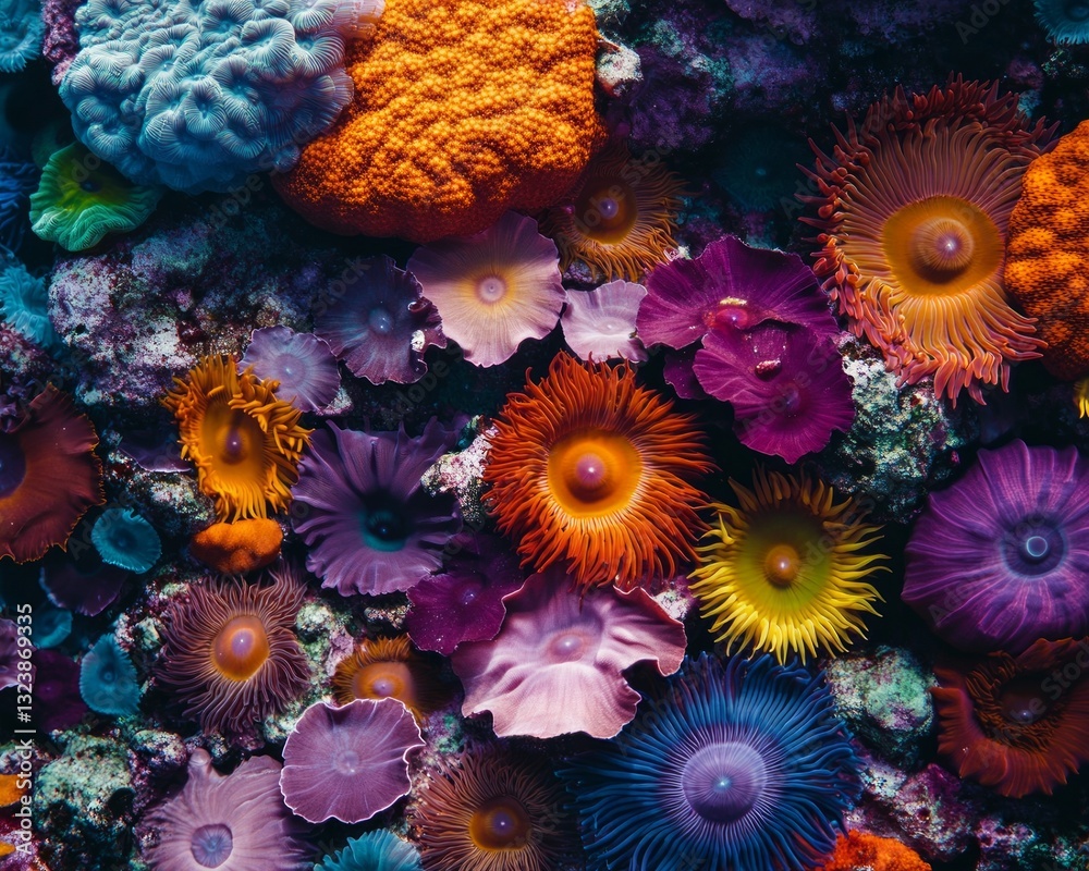 Fototapeta premium A vibrant, multicolored coral reef with anemones and corals captured through macro photography.