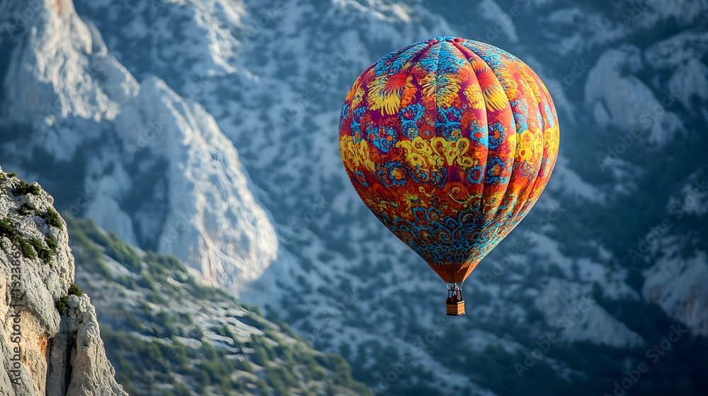 Fototapeta premium The Ascent of Patterns: A Colorful Balloon Ascending Against Mountains Representing the Risks of Overconfidence