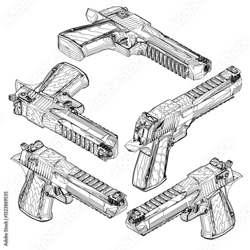 A black and white drawing of guns desert eagle, each with a same design. Scene is serious and focused on the details of the guns. Isometric view. 3D