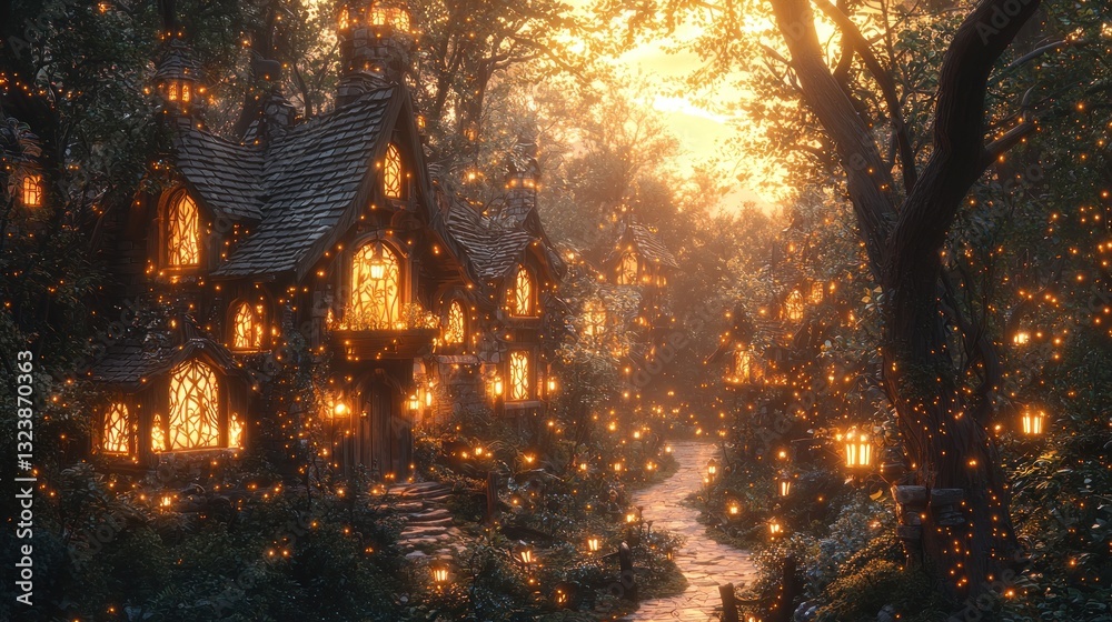 Enchanting fairytale village nestled in a mystical forest at sunset, illuminated by warm lights.
