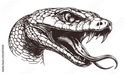 Fierce snake head with open mouth, fangs, and scales at high detail, vector style, linear, icons set.