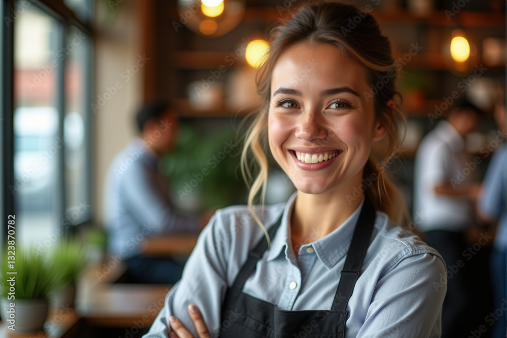 A cheerful young barista standing confidently in a modern cafe. Warm lighting A cheerful young barista standing confidently in a modern cafe. Warm lighting