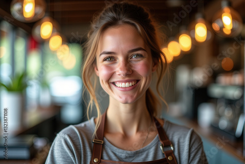 A cheerful young barista standing confidently in a modern cafe. Warm lighting