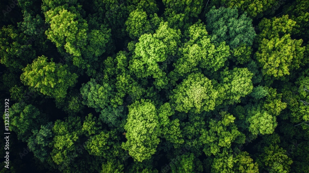 Naklejka premium Aerial view of lush green trees, showcasing a vibrant forest canopy with varying shades of green.