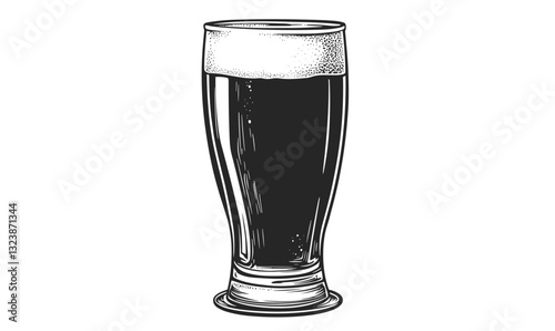 Tall glass of dark beer with foam, hand-drawn style, linear icons set, vector.