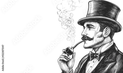 Vintage gentleman smoking pipe with top hat and mustache, flat icons set, linear vector.