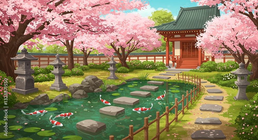Tranquil Japanese Garden with Cherry Blossoms and Koi Pond Illustration Tranquil Japanese Garden with Cherry Blossoms and Koi Pond Illustration