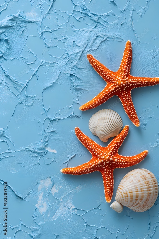 A vibrant blue background with three orange starfish and one seashell, creating an enchanting coastal scene for the notebook cover A vibrant blue background with three orange starfish and one seashell, creating an enchanting coastal scene for the notebook cover