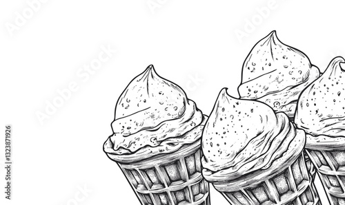 Detailed ice cream cone illustration, linear style, icons set, vector.
