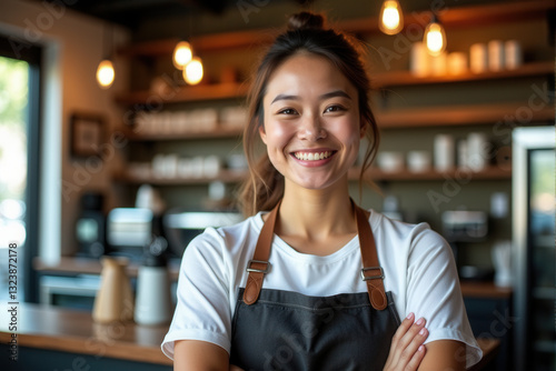 A cheerful young barista standing confidently in a modern cafe. Warm lighting